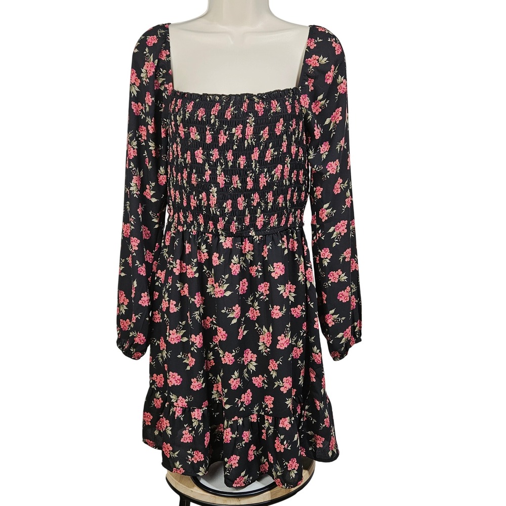 ROW-A Black Pink Dark Floral Smocked Peasant Mini Dress M Cottagecore Boho Girly